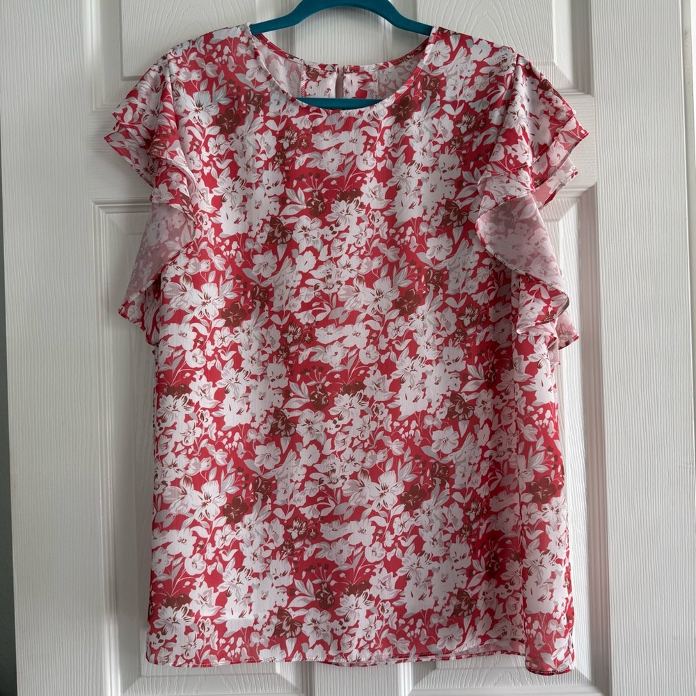 Women’s Floral Ruffle Sleeve Blouse Size 2XL Red White